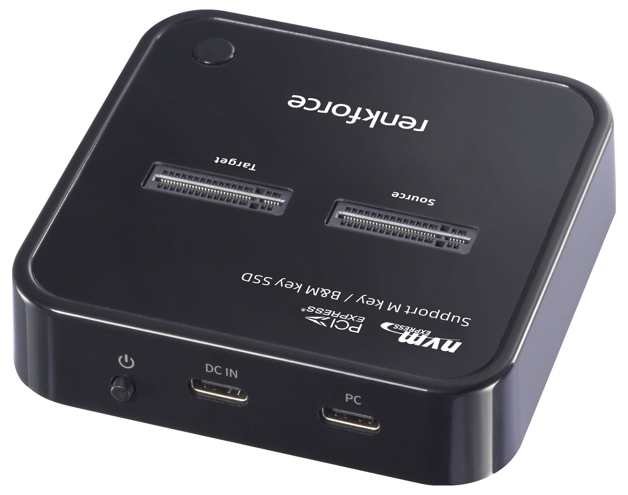 Stazione di dock per hard disk esterni con due porte, etichettate 'Target' e 'Source', idonea per SSD PCIe Express.