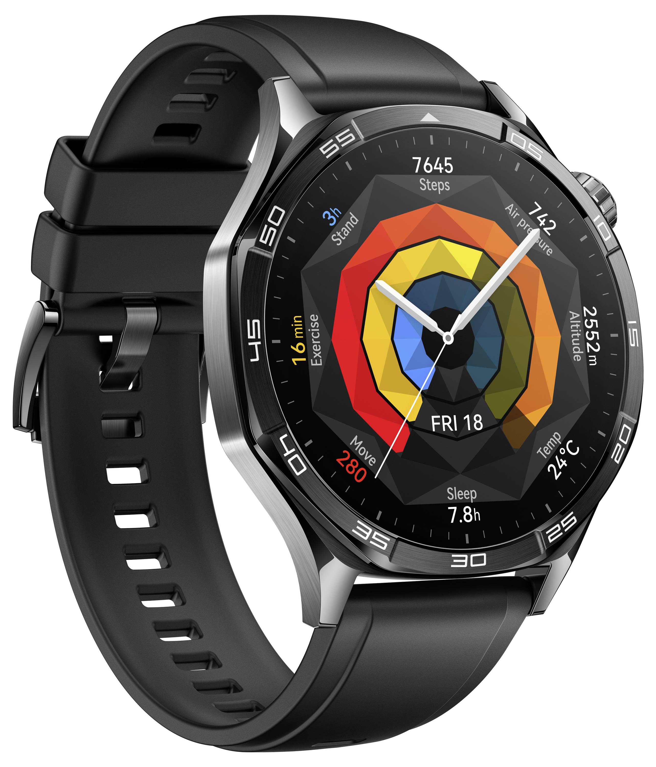 Un smartwatch con un cinturino nero mostra sul display degli anelli colorati che indicano dati fitness come passi, calorie e frequenza cardiaca.