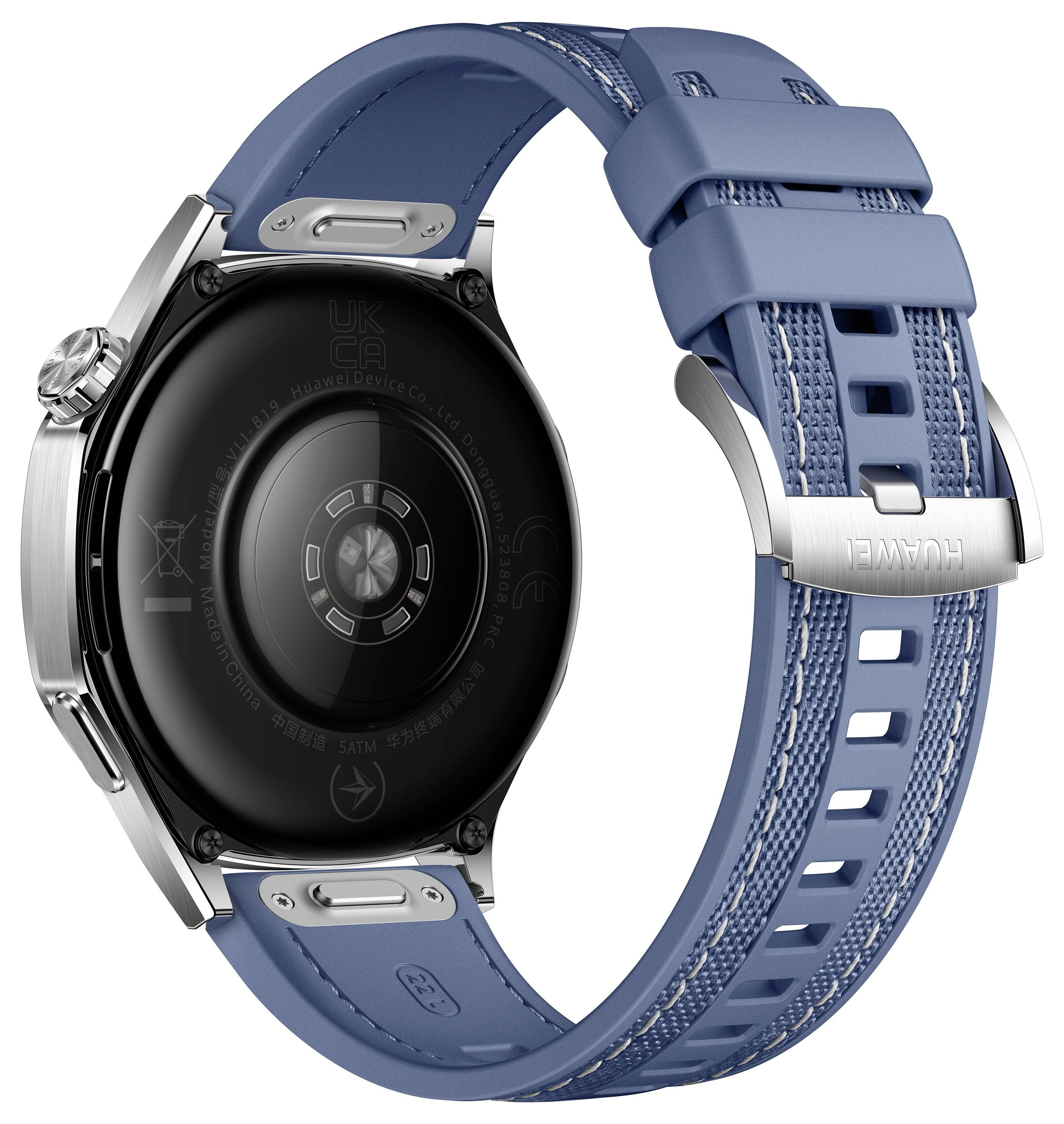 Retro di un moderno smartwatch con cinturino blu e cassa argentata, che mostra i sensori e i dettagli dell'orologio.