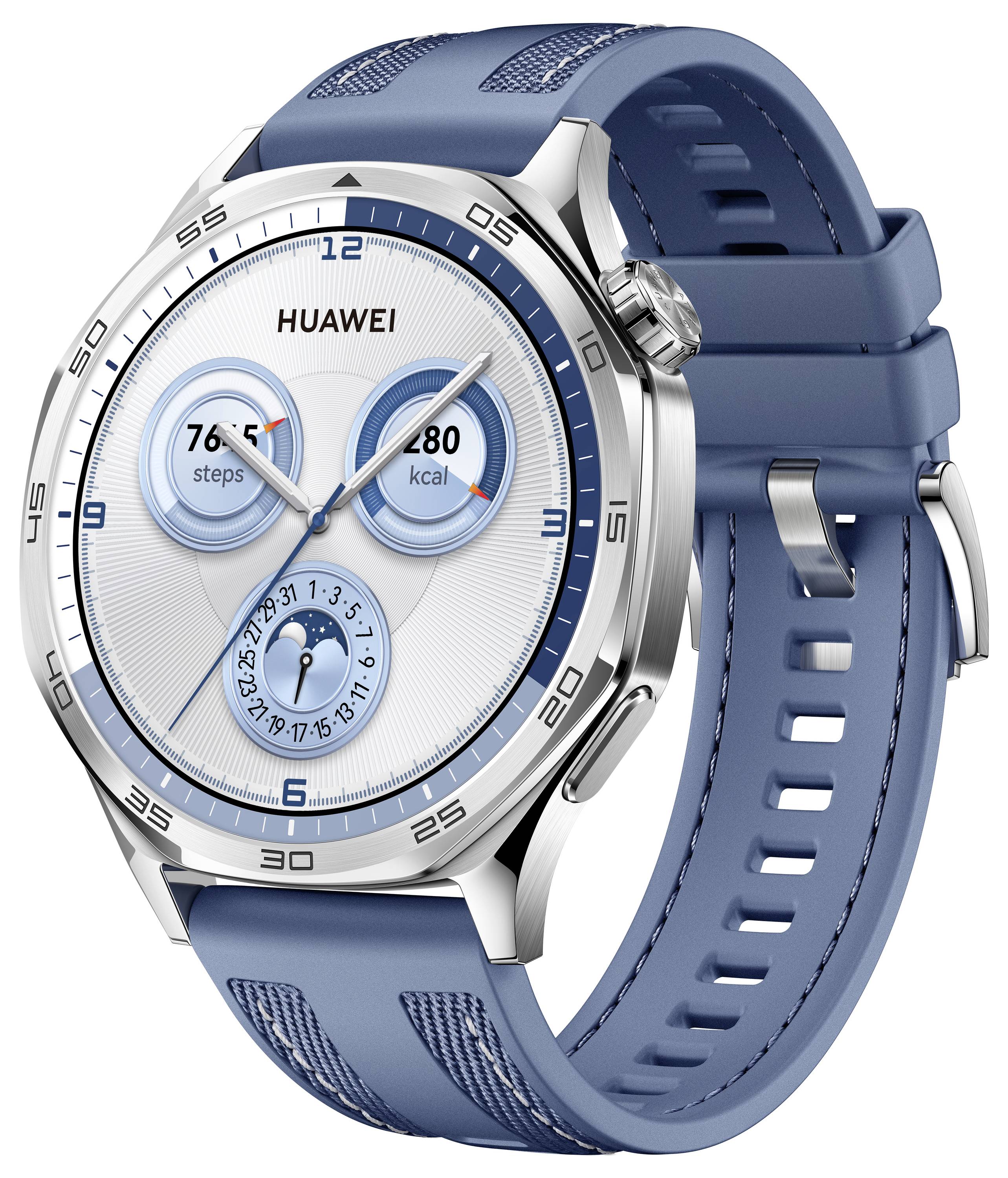 Smartwatch con cinturino blu che mostra 765 passi e 280 calorie sul display.
