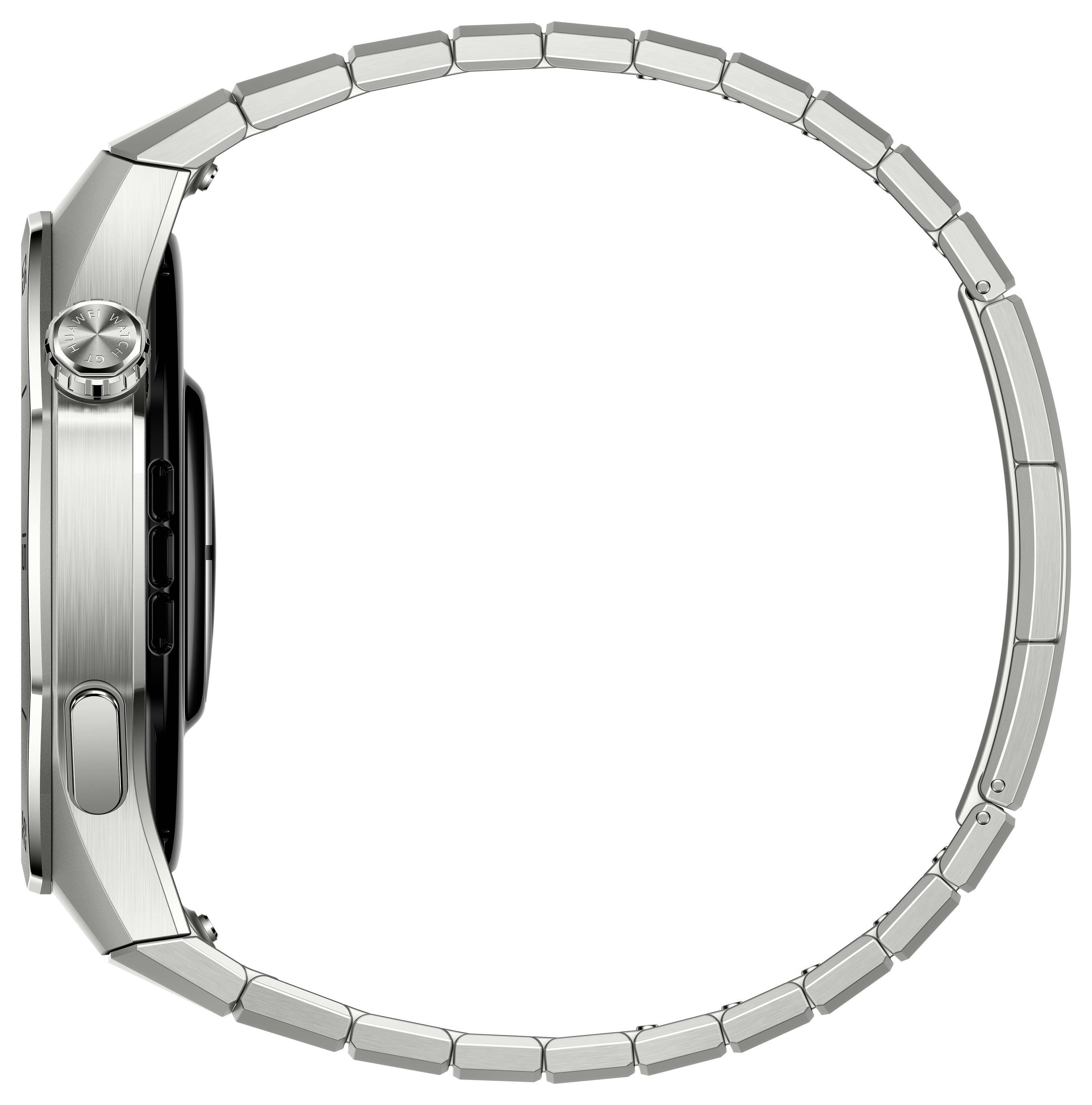 Un orologio da polso argentato con bracciale in metallo, mostrato di lato, che evidenzia lo spessore e i pulsanti laterali della cassa dell'orologio.