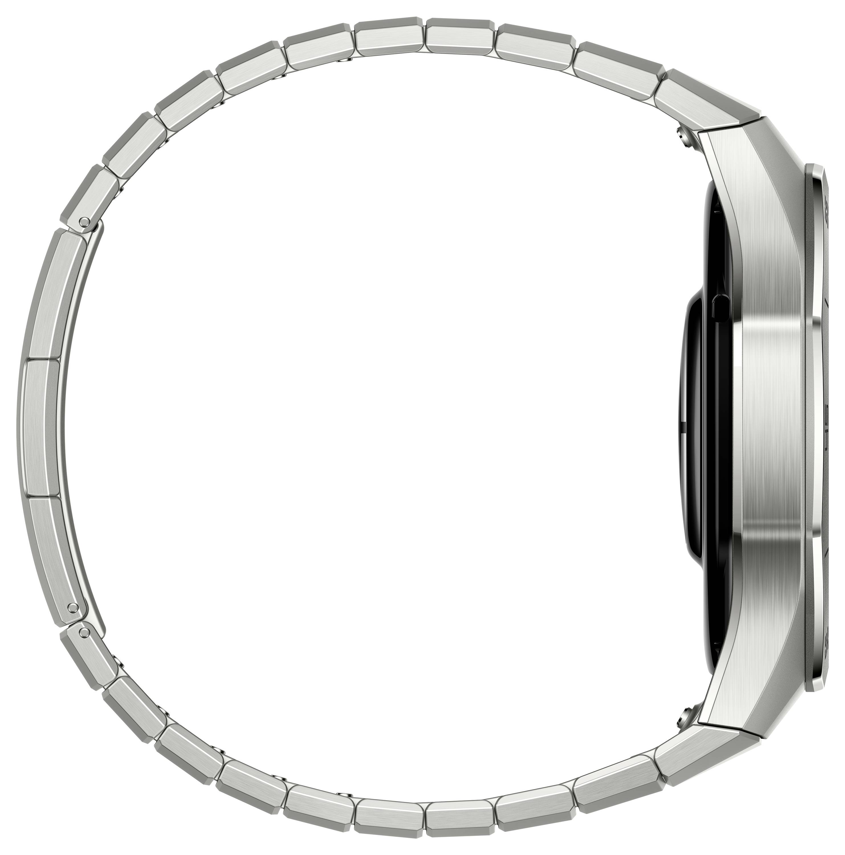 Un elegante smartwatch in vista laterale che mostra il design sottile e il bracciale metallico.