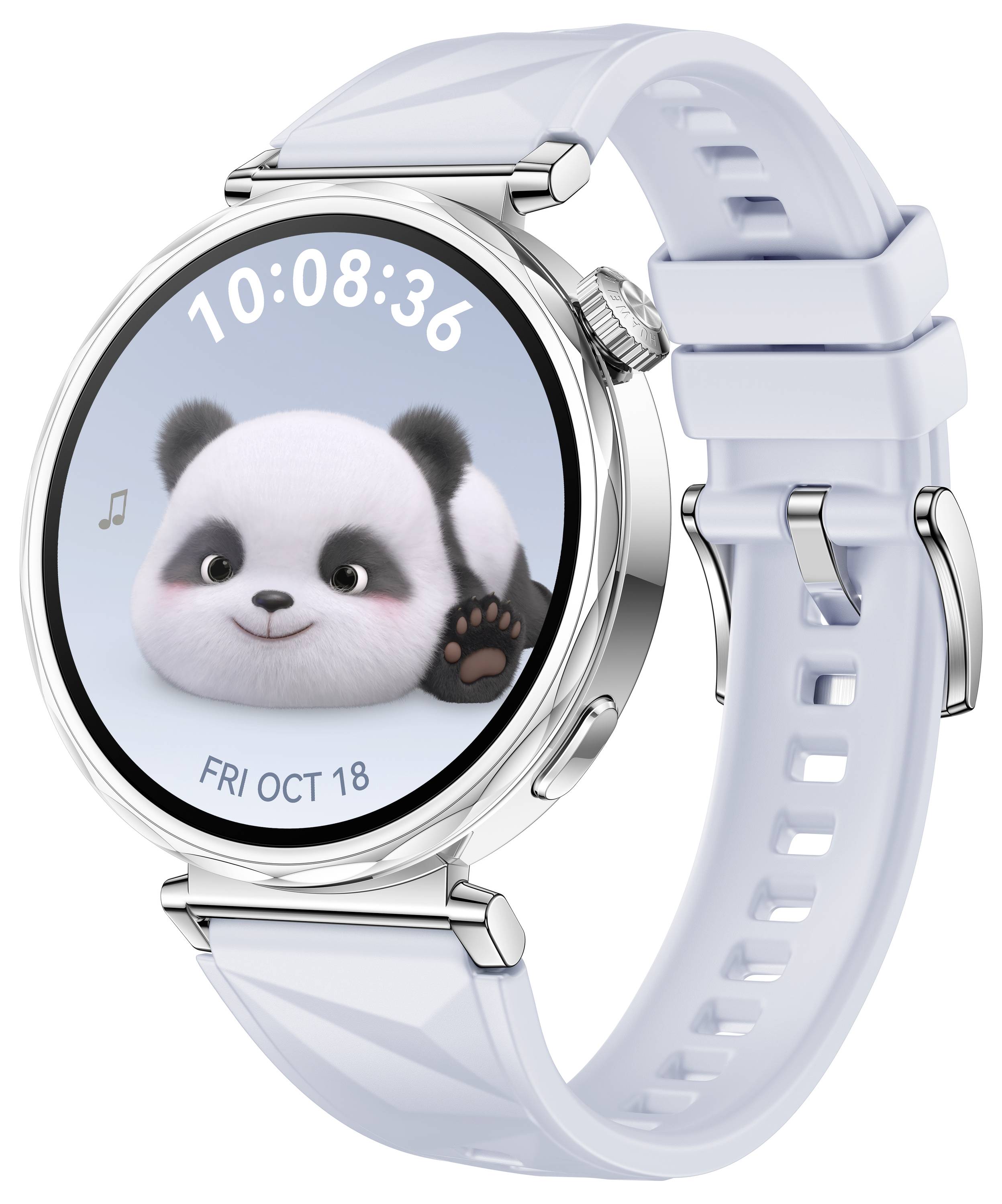 Un orologio intelligente con un quadrante che mostra un panda sorridente. L'ora e la data sono: 10:08:36, venerdì 18 ottobre.