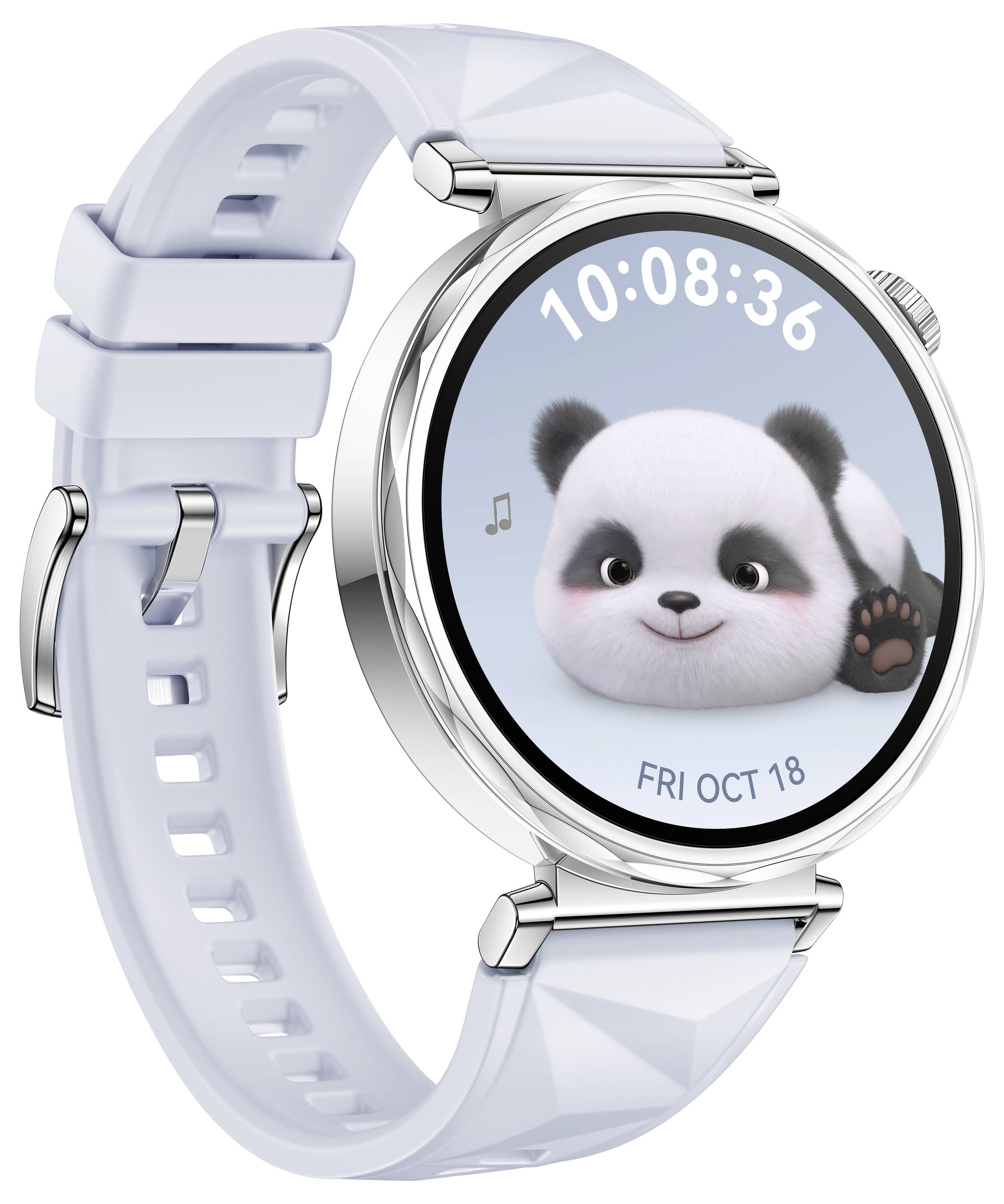 Smartwatch con cinturino bianco e quadrante Panda. Mostra l'ora 10:08:36 e la data Venerdì, 18 ottobre.