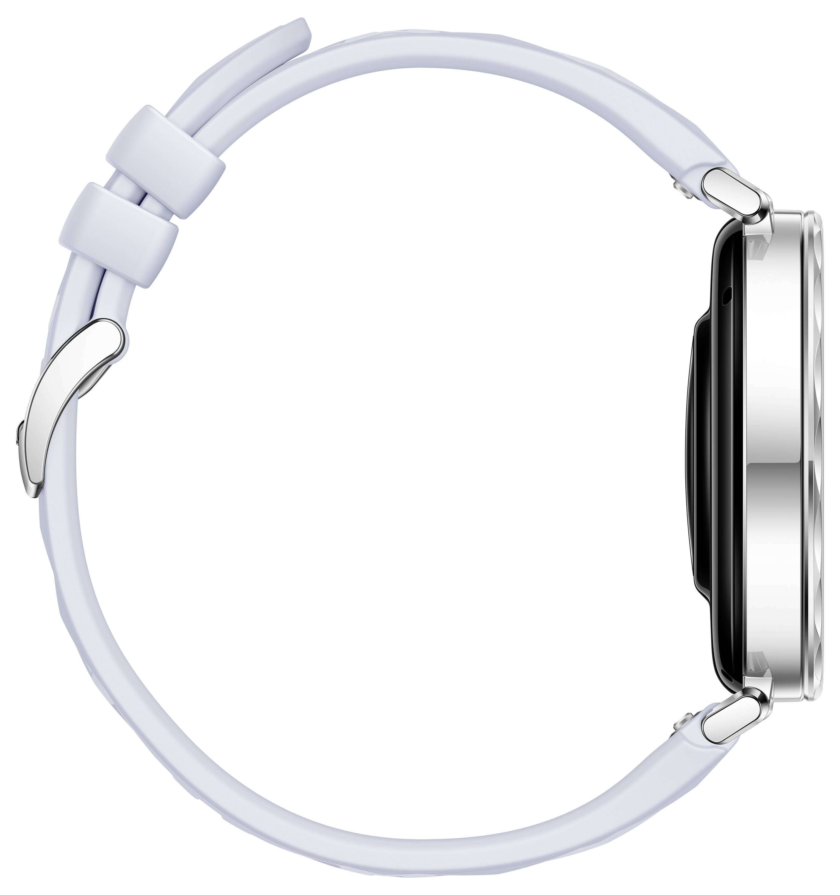 Vista laterale di uno smartwatch argentato con cinturino bianco, con focus sul design sottile e sul quadrante arrotondato.