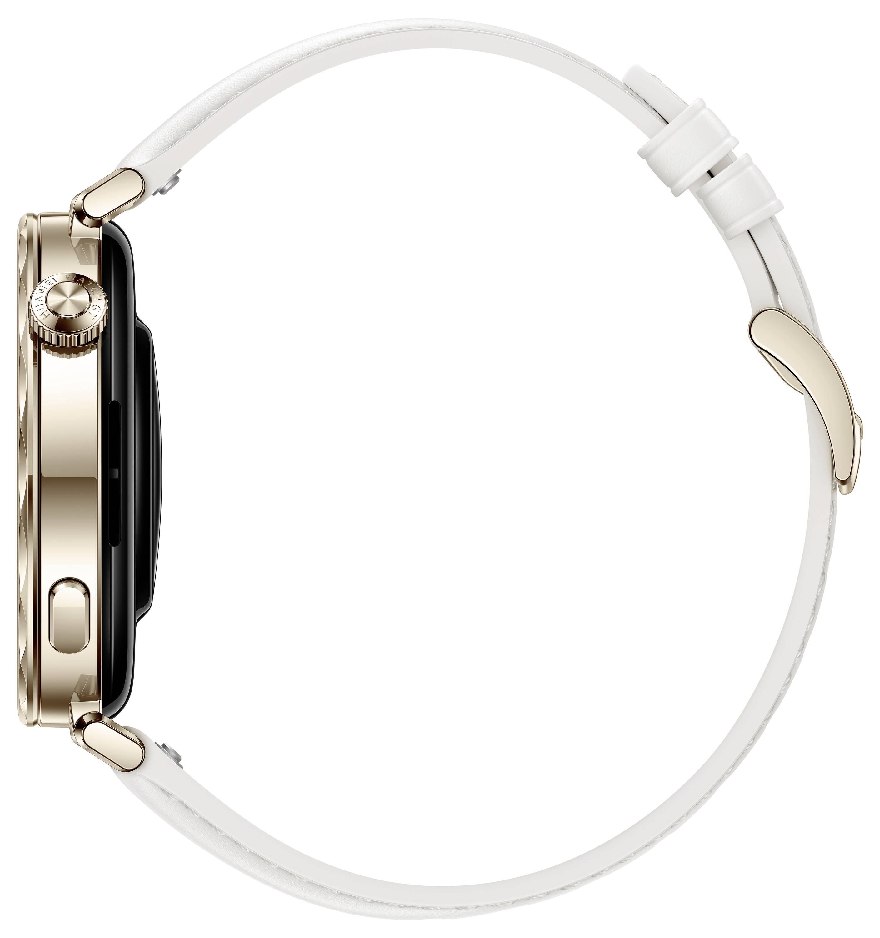 Smartwatch con cassa dorata e cinturino bianco, vista laterale; evidenzia il design sottile ed elegante.