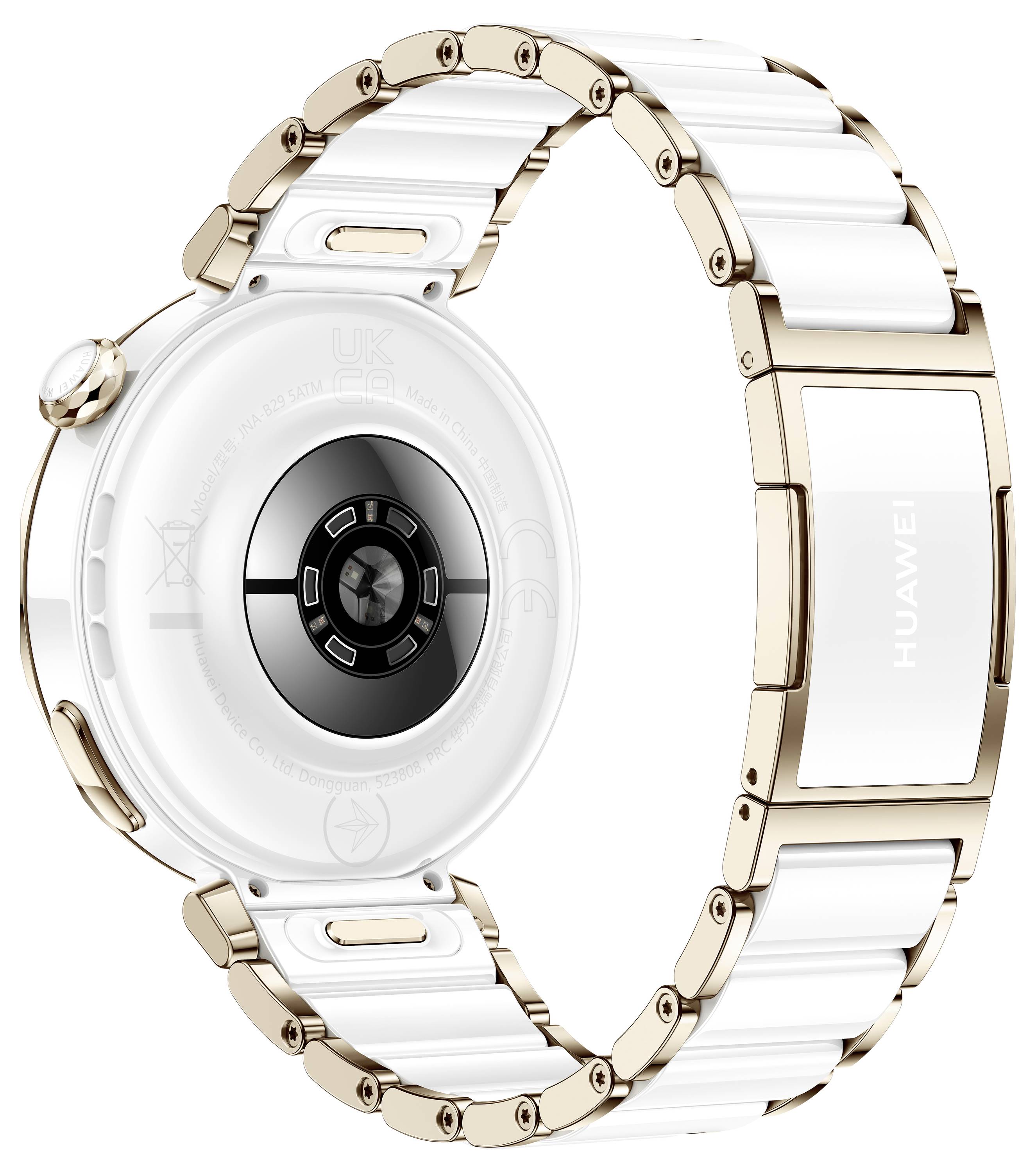 Un smartwatch con cinturino bianco e oro e un sensore circolare sul retro. L'orologio non mostra l'ora.
