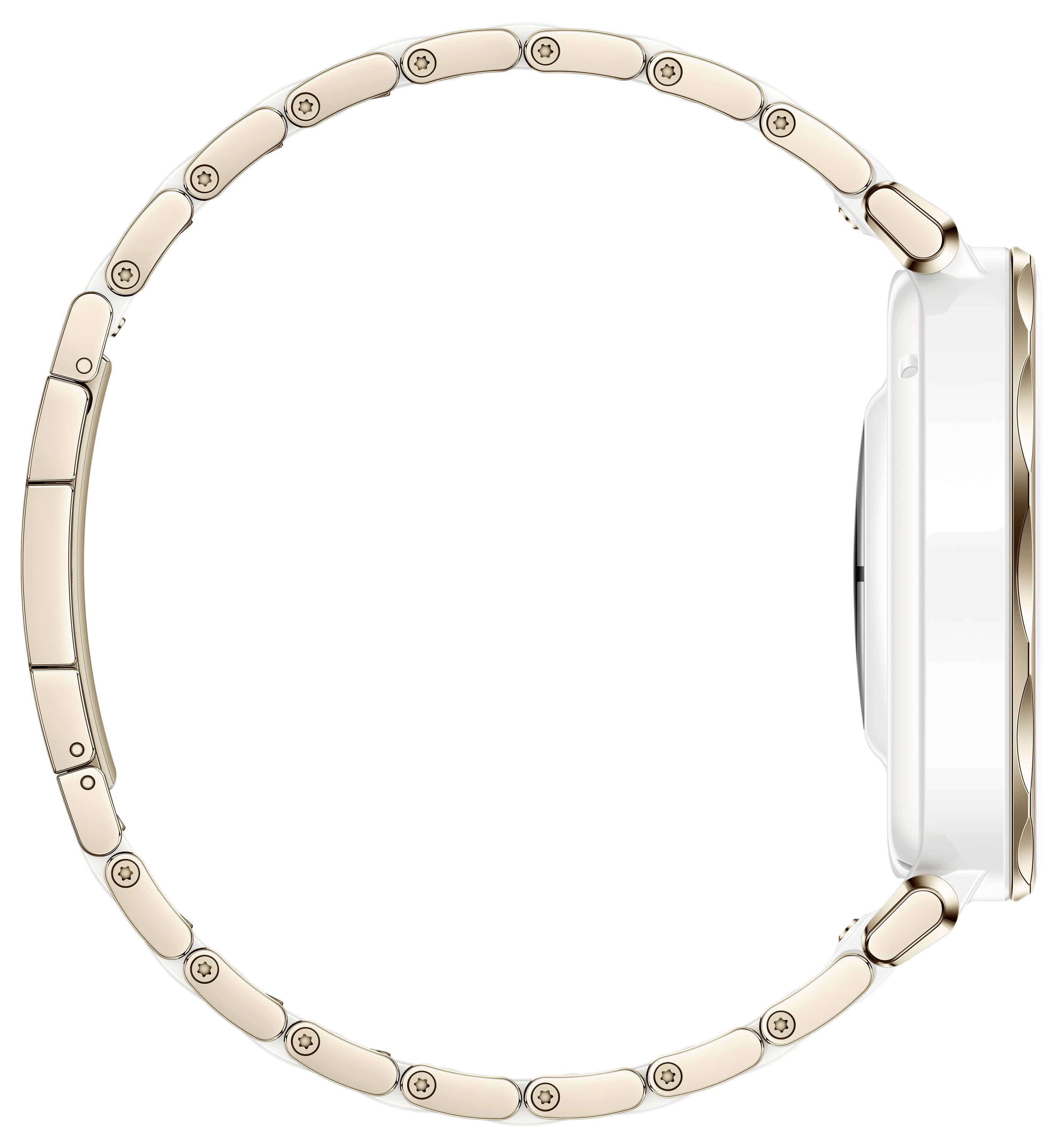 Vista laterale di un elegante orologio color oro con bracciale a maglie e cassa rotonda, che enfatizza stile e lusso.