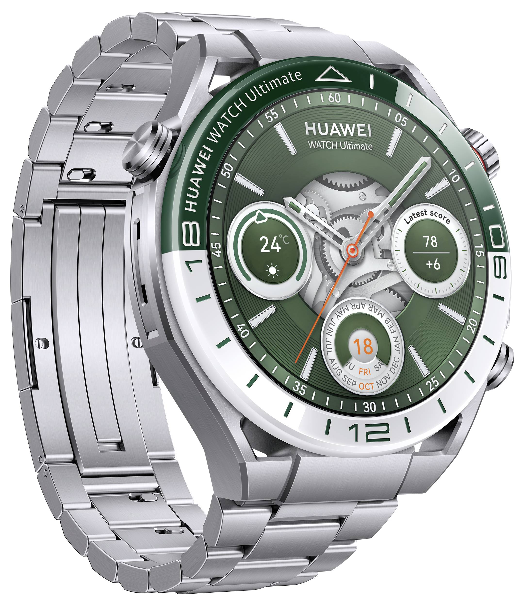 Un orologio Huawei argentato con quadrante verde mostra la temperatura '24°C', la frequenza cardiaca '78' e il numero di passi.