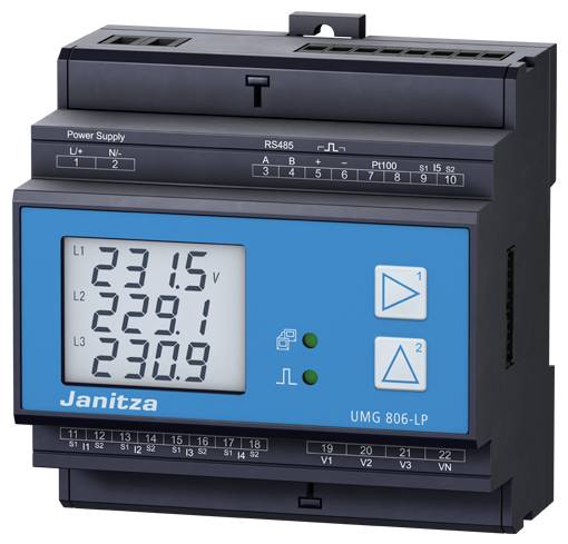 Dispositivo elettronico di misurazione con display digitale che mostra valori di 231,5 V, 229,1 V e 230,9 V. Nome del produttore 'Janitza', modello 'UMG 806-LP'.