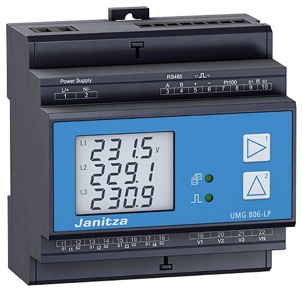 Misuratore elettrico multifunzione con display, mostra i valori di tensione delle fasi L1, L2 e L3. Produttore: Janitza.