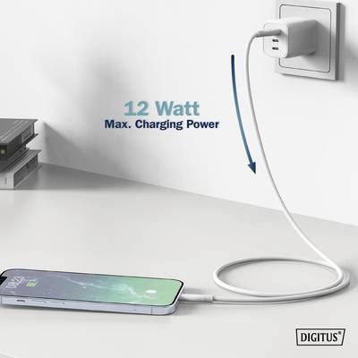 Cellulare caricato su un tavolo. Cavo collegato a un caricabatterie USB nella presa elettrica. Testo nell'immagine: 'Potenza massima di ricarica 12 Watt'.
