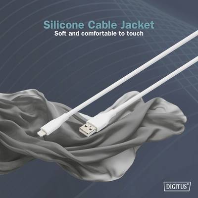 'Cavo USB con guaina in silicone, leggermente curvato su tessuto grigio. Testo: Rivestimento del cavo in silicone - Morbido e piacevole al tatto.'