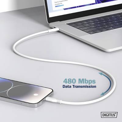 'Cellulare collegato al laptop tramite cavo USB, trasferimento dati a 480 Mbps visualizzato. Logo del marchio in basso a destra nell'immagine.'