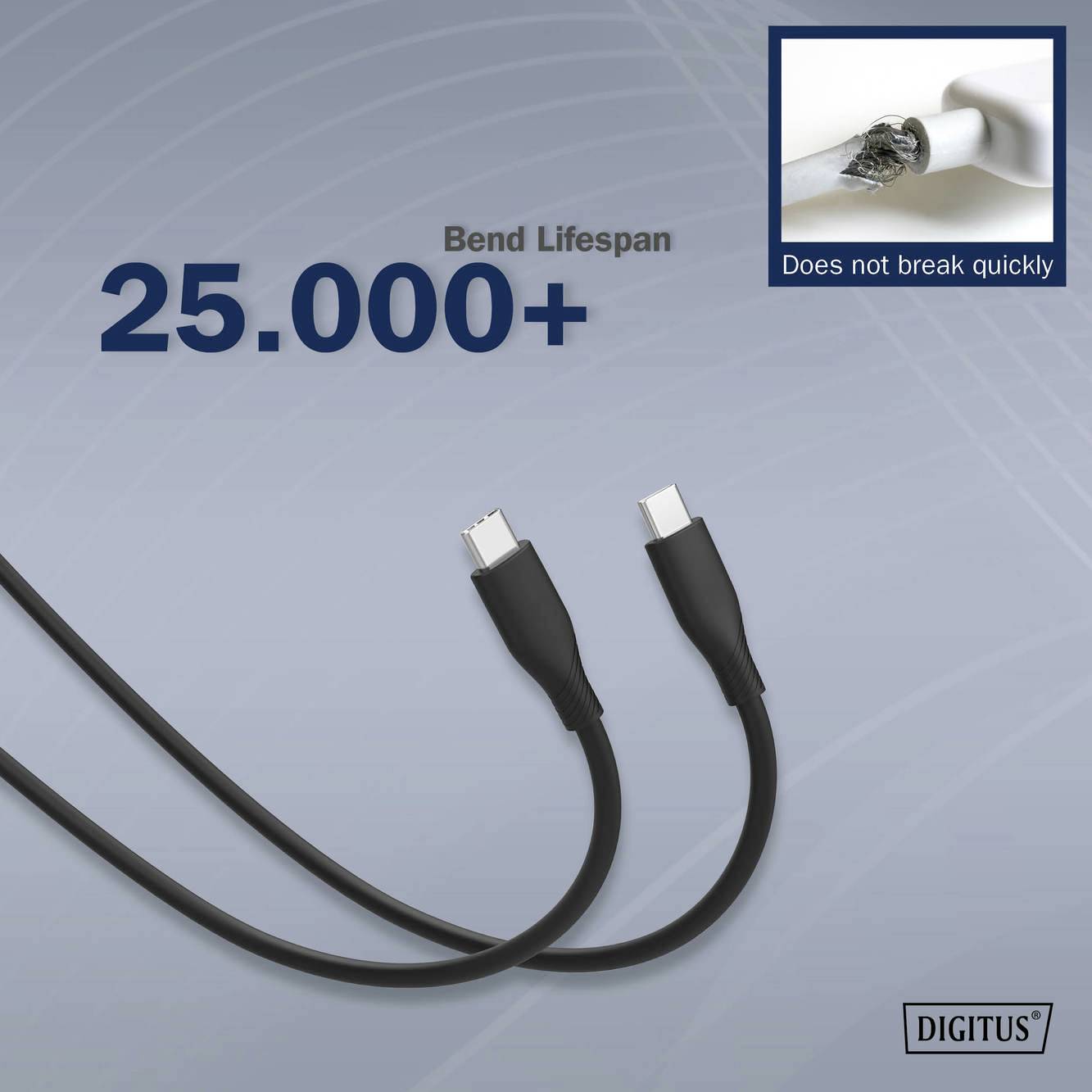 Un cavo USB nero con la scritta 'Bend Lifespan 25.000+' e un'immagine illustrativa 'Non si rompe facilmente'. Sullo sfondo grigio è presente il logo del marchio.