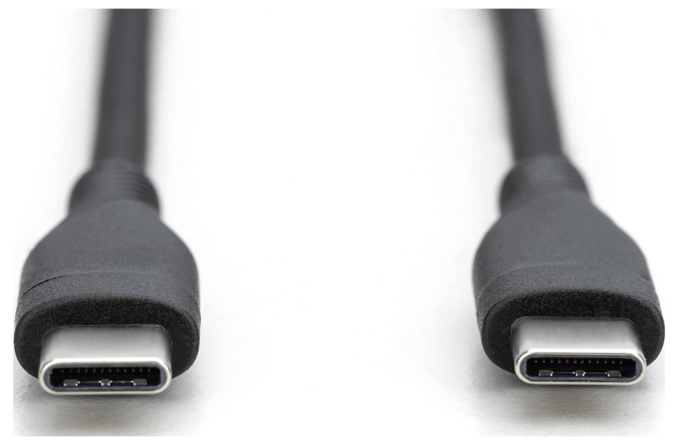 Due spine USB-C nere sono posizionate su una superficie bianca, con le estremità rivolte l'una verso l'altra.