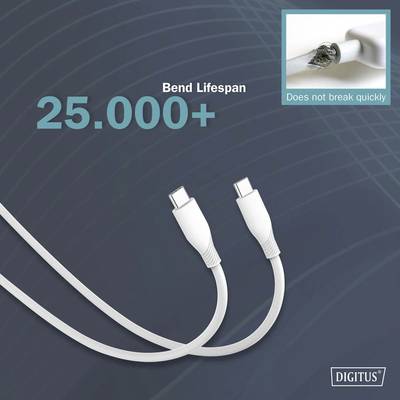 Un cavo USB bianco, pubblicizzato con una durata di flessione di oltre 25.000 cicli, è mostrato nell'immagine.