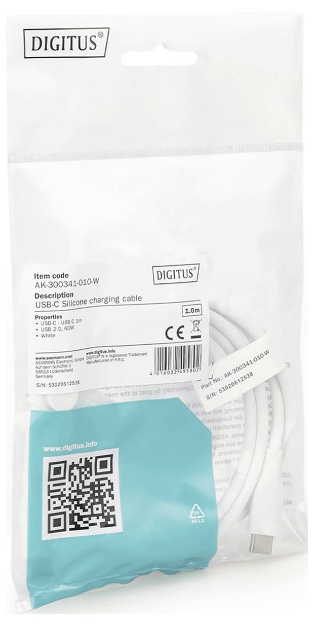Cavo di ricarica USB-C in silicone nella confezione originale Digitus, lunghezza 1,0 m. La confezione riporta informazioni sul prodotto e un codice QR.