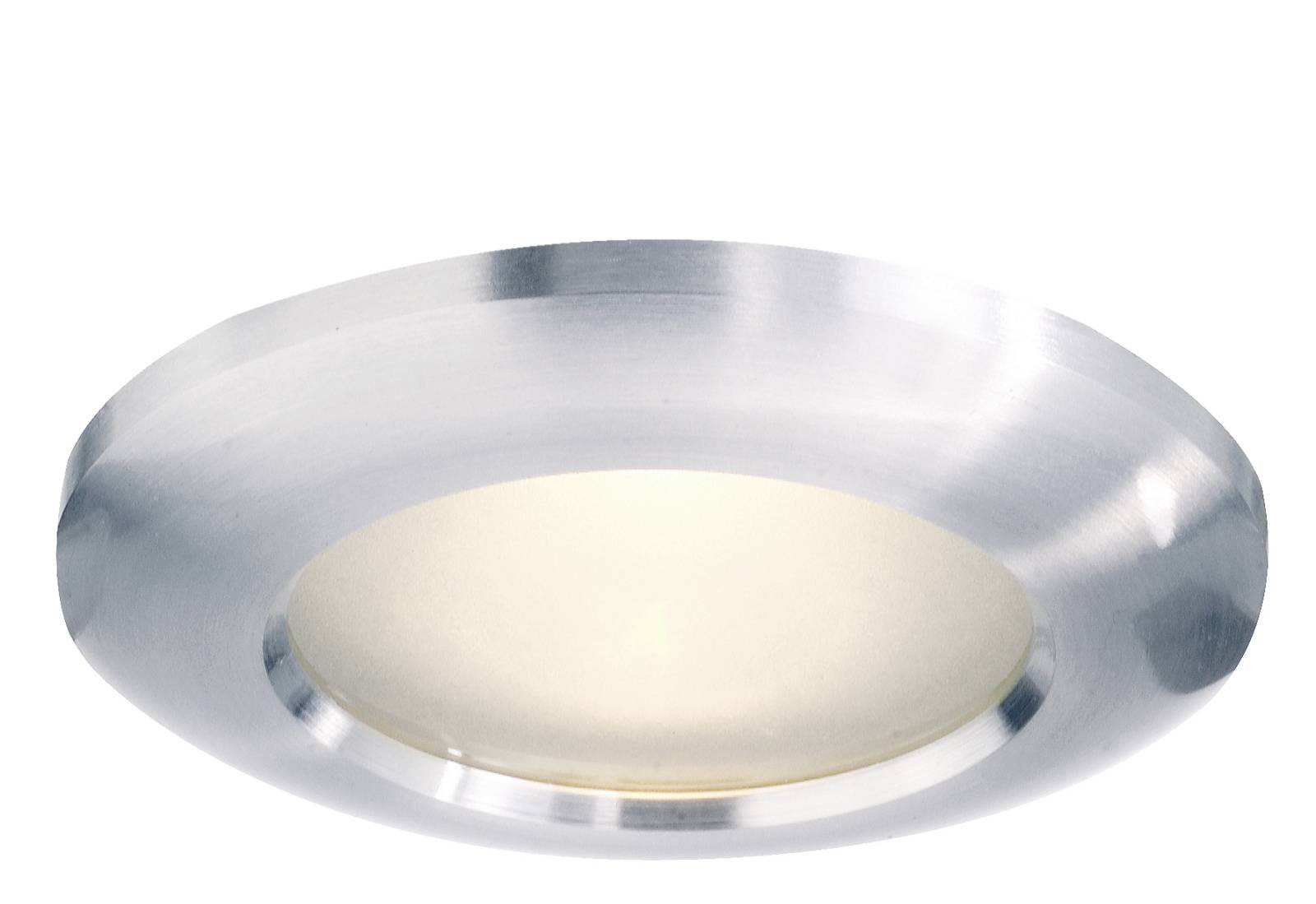 Un faretto LED da incasso rotondo argentato con superficie opaca che emana una luce calda.