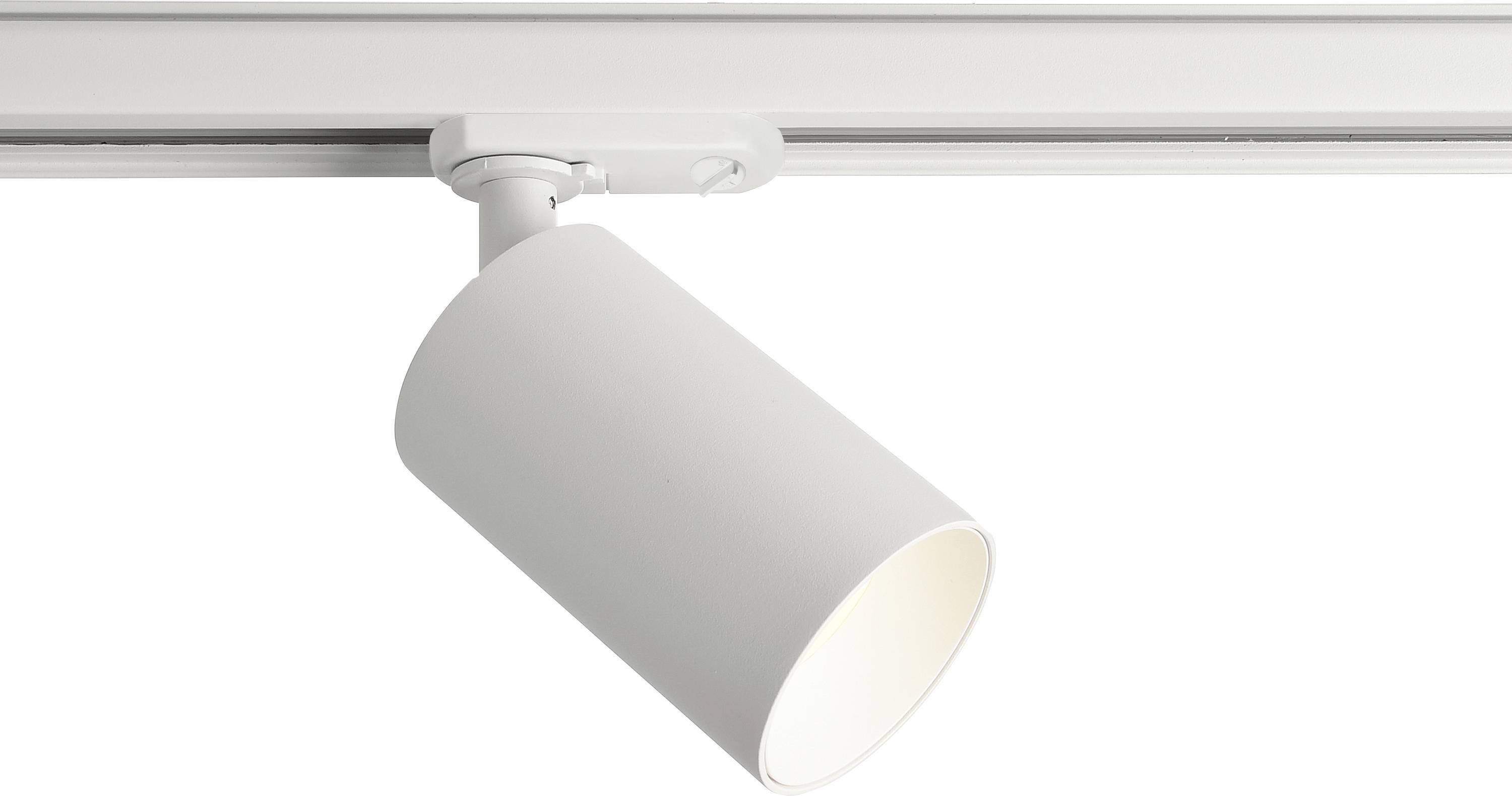 Una guida luminosa bianca con design cilindrico, montata su un soffitto, appare moderna e minimalista.