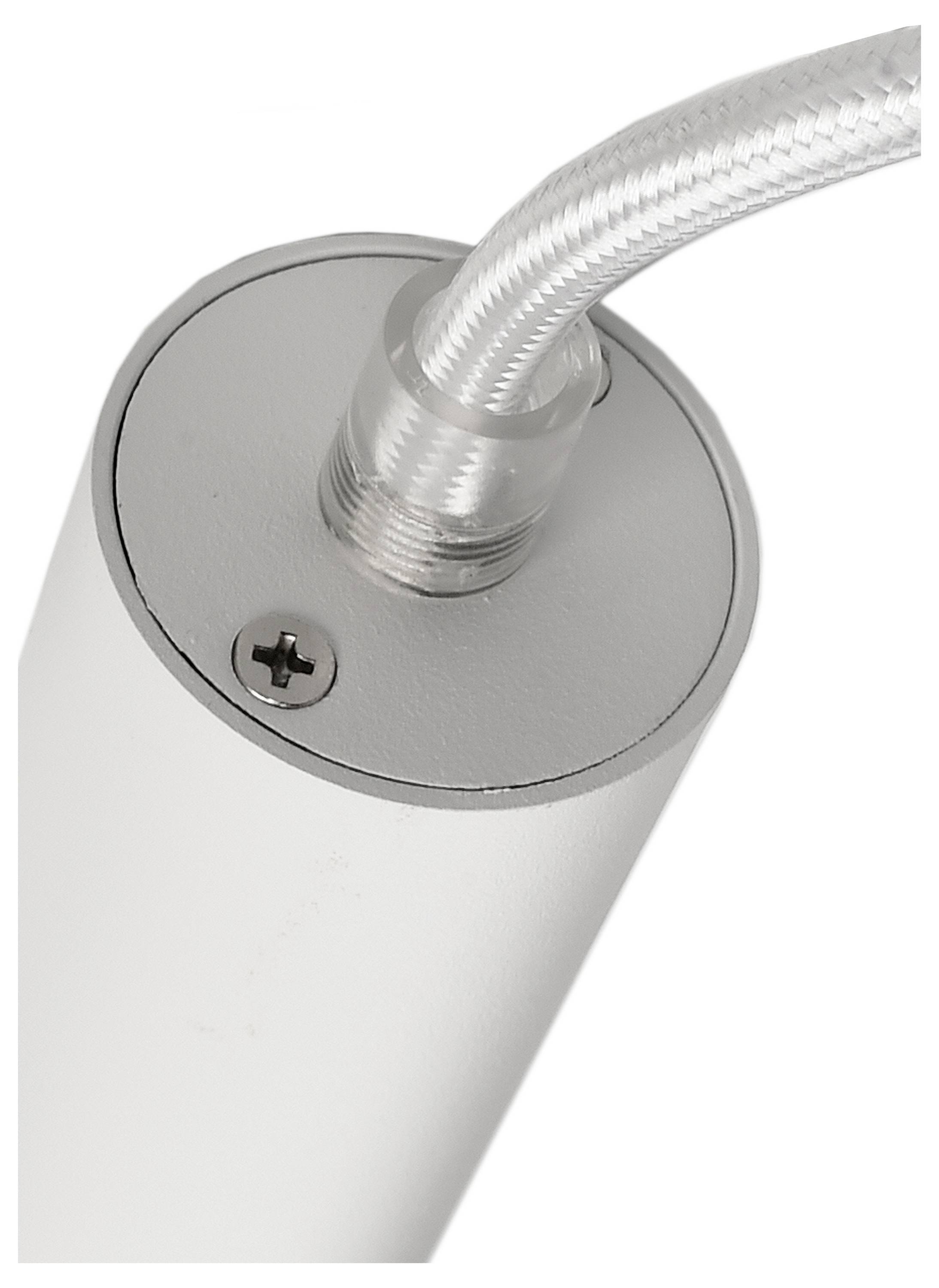 Un tubo metallico cilindrico color argento con un cavo intrecciato inserito e una vite visibile sulla parte superiore.