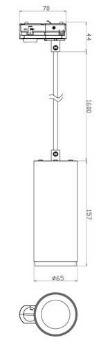 Disegno tecnico di una lampada a sospensione cilindrica con le seguenti dimensioni: altezza 1690 mm, larghezza 65 mm, diametro del soffitto 70 mm.
