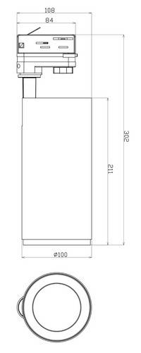 Disegno tecnico di un oggetto cilindrico con dimensioni: altezza 302 mm, diametro 100 mm. Vista laterale e vista superiore rappresentate.