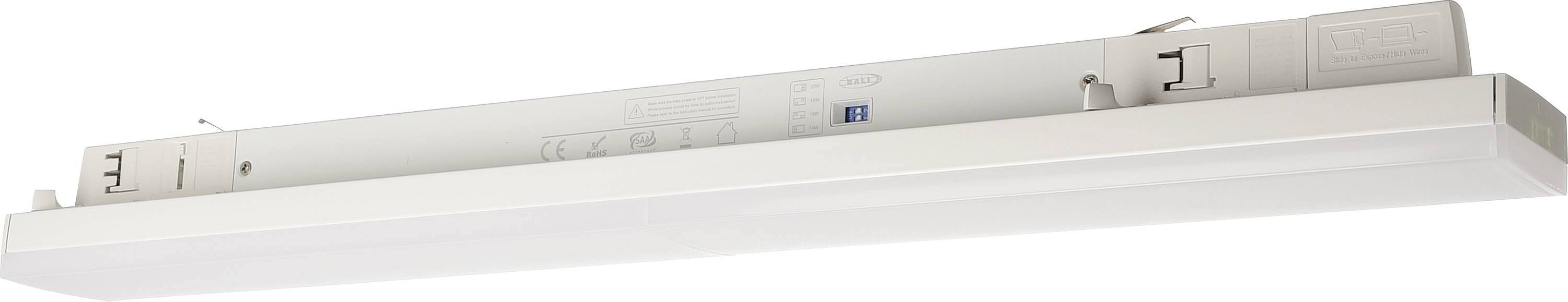 Apparecchio di illuminazione LED bianco, rettangolare, con involucro in metallo e tecnologia di connessione elettrica, idoneo per montaggio a soffitto.