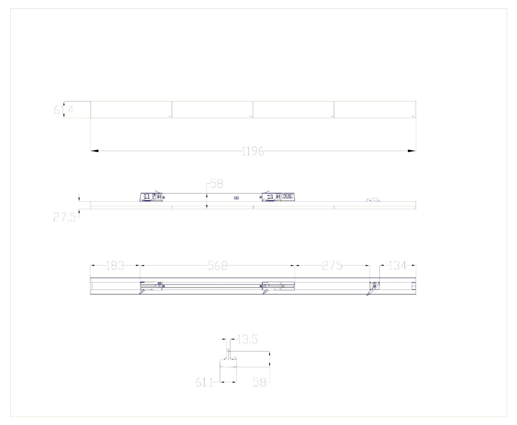 Disegno tecnico con quattro viste quotate di un componente rettangolare allungato, che mostra la lunghezza complessiva e le misure dettagliate delle sezioni.