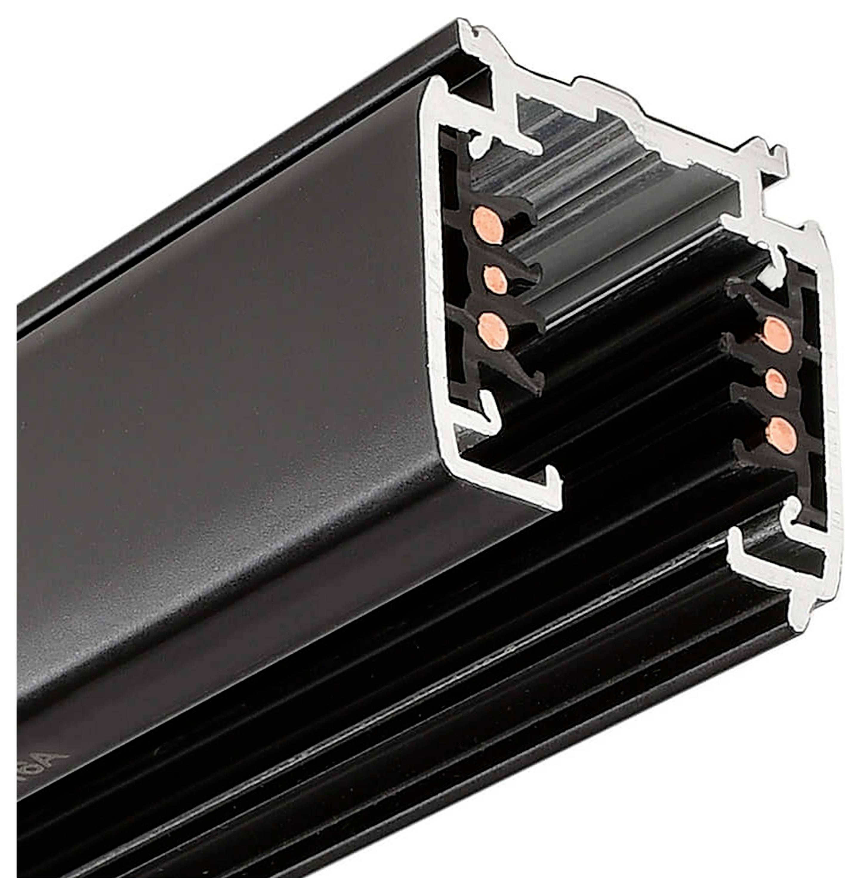Profilo in alluminio nero con più conduttori verticali in rame, comunemente utilizzato per sistemi di binari elettrici nell'illuminotecnica.