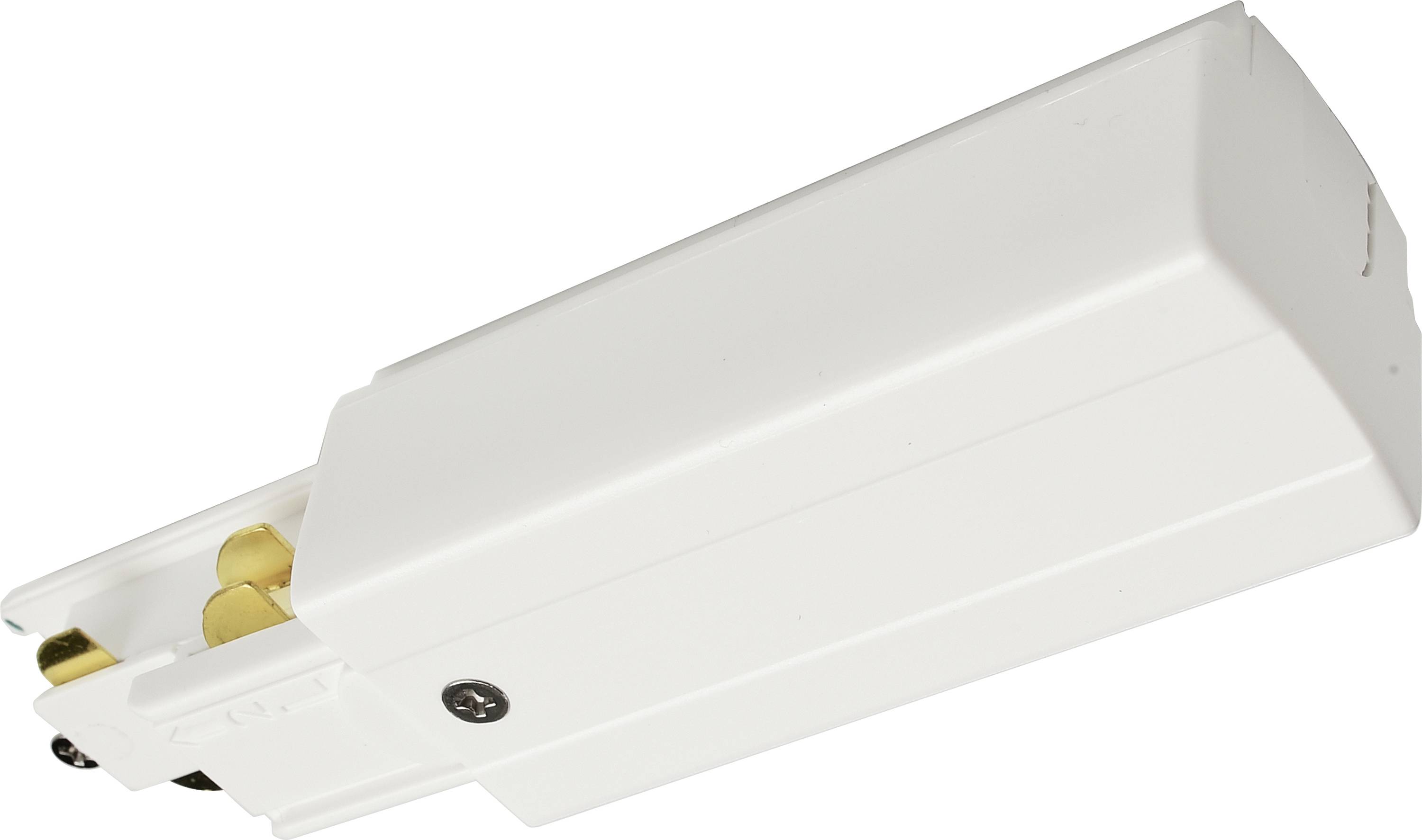 Un adattatore o connettore elettrico bianco per sistemi di illuminazione con contatti metallici su un'estremità.