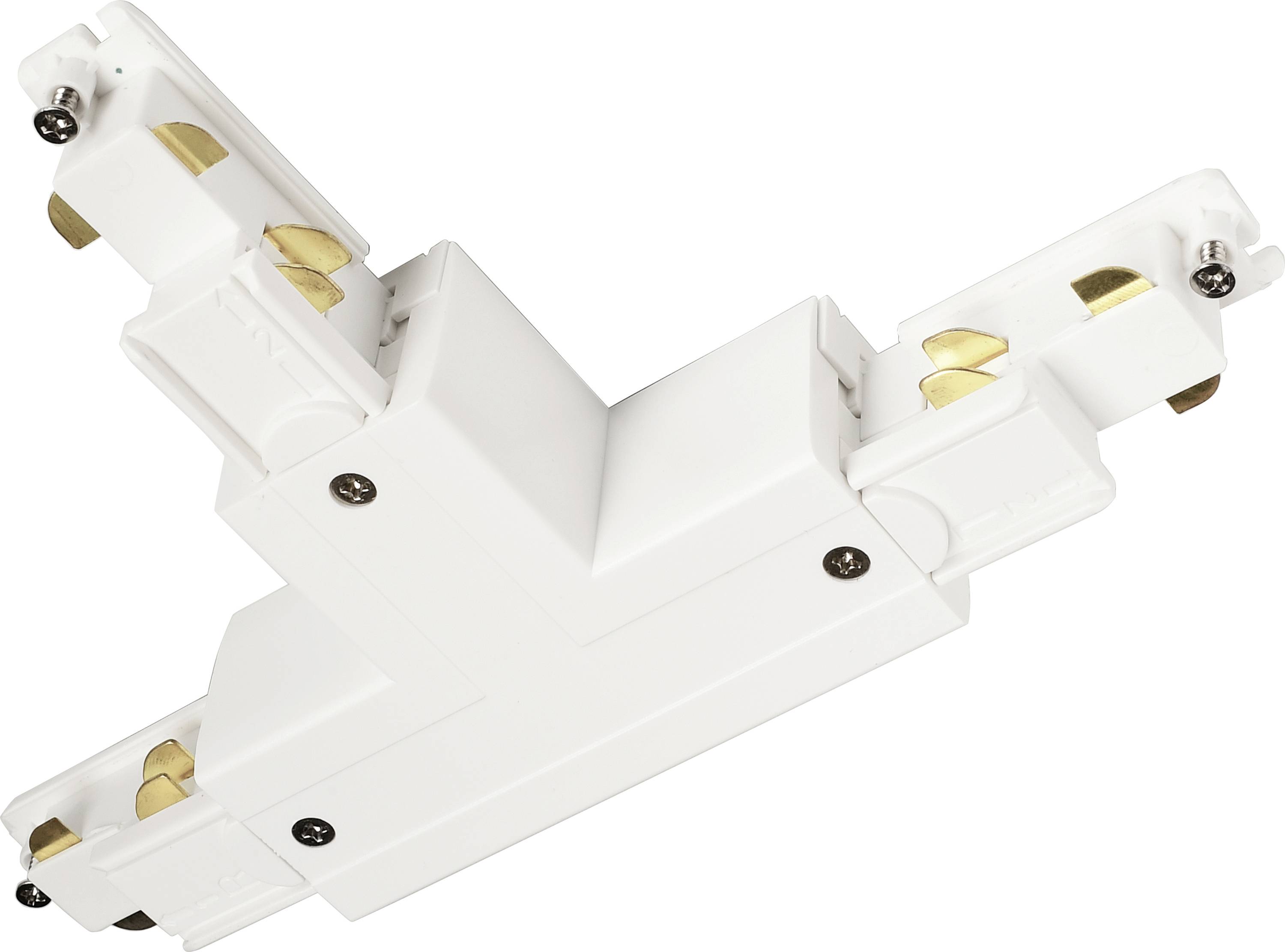 Connettore elettrico bianco a forma di T con contatti color oro. Connessione ad angolo destro e sinistro per sistemi a rotaia.