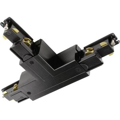 Un adattatore nero a forma di L per il collegamento di guide elettriche, con due connessioni laterali e viti per il fissaggio.