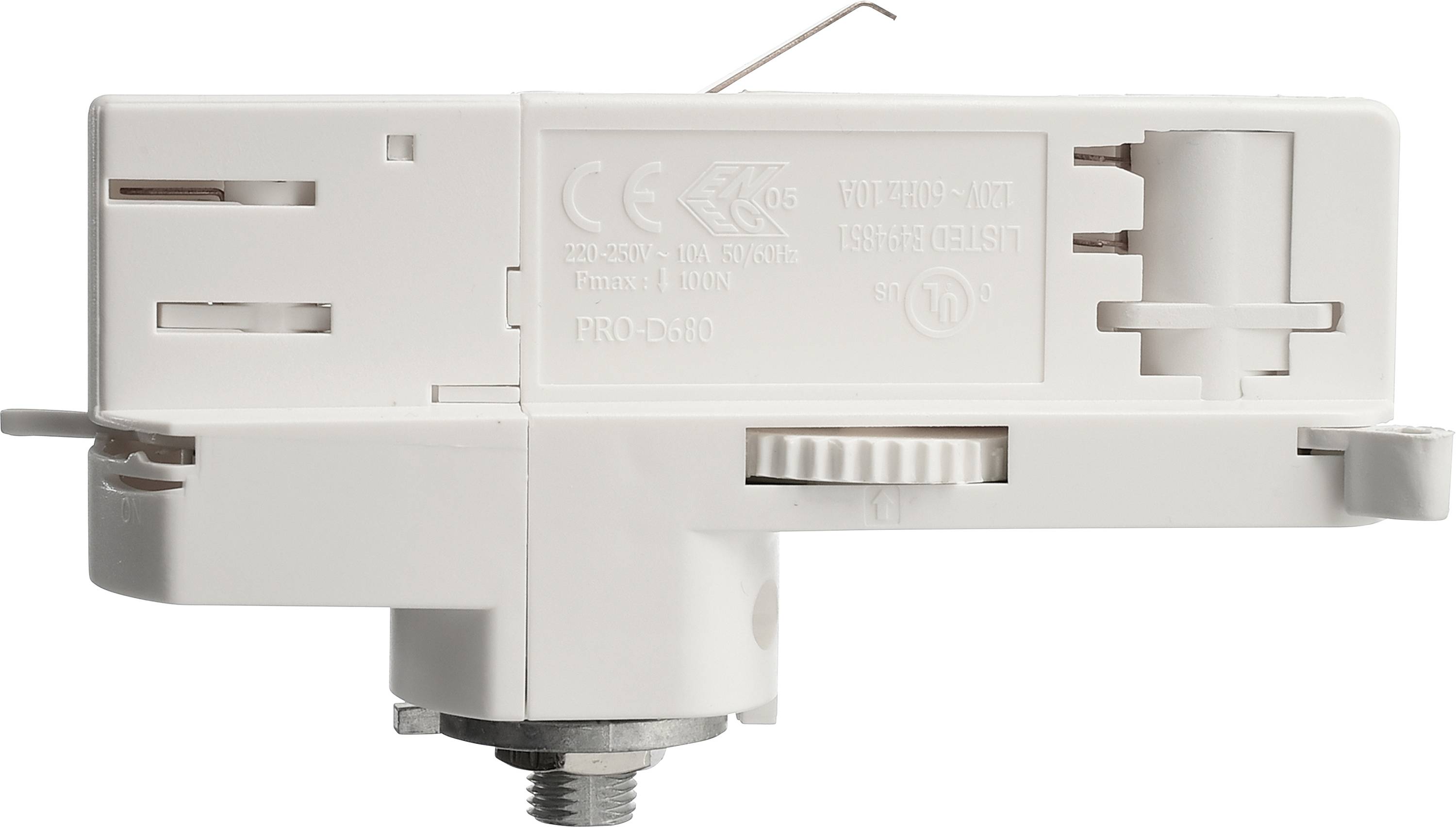 Un componente elettrico bianco con connettori e marcature, probabilmente un termostato o un interruttore.