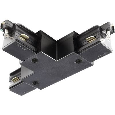 Un connettore nero a croce per un sistema di binari, idoneo per installazioni di illuminazione elettrica con quattro punti di connessione.