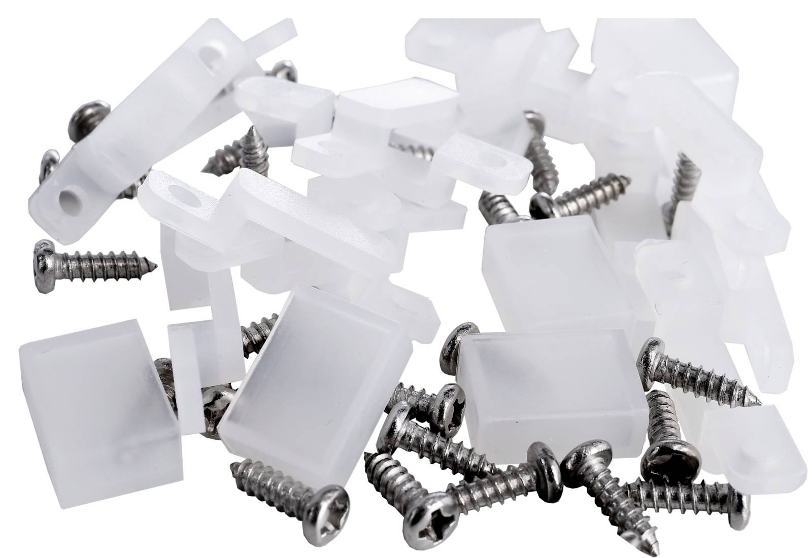 Fissaggi in plastica e viti metalliche in un mucchio. Vengono spesso utilizzati per l'assemblaggio di mobili o apparecchiature elettroniche.