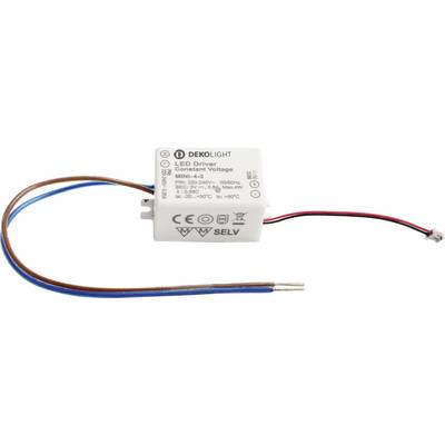 Guida LED bianca 'DEKOLIGHT' con intervallo di tensione costante da 220-240V, modello MINI-4-3. Mostra certificazioni e marchio CE.