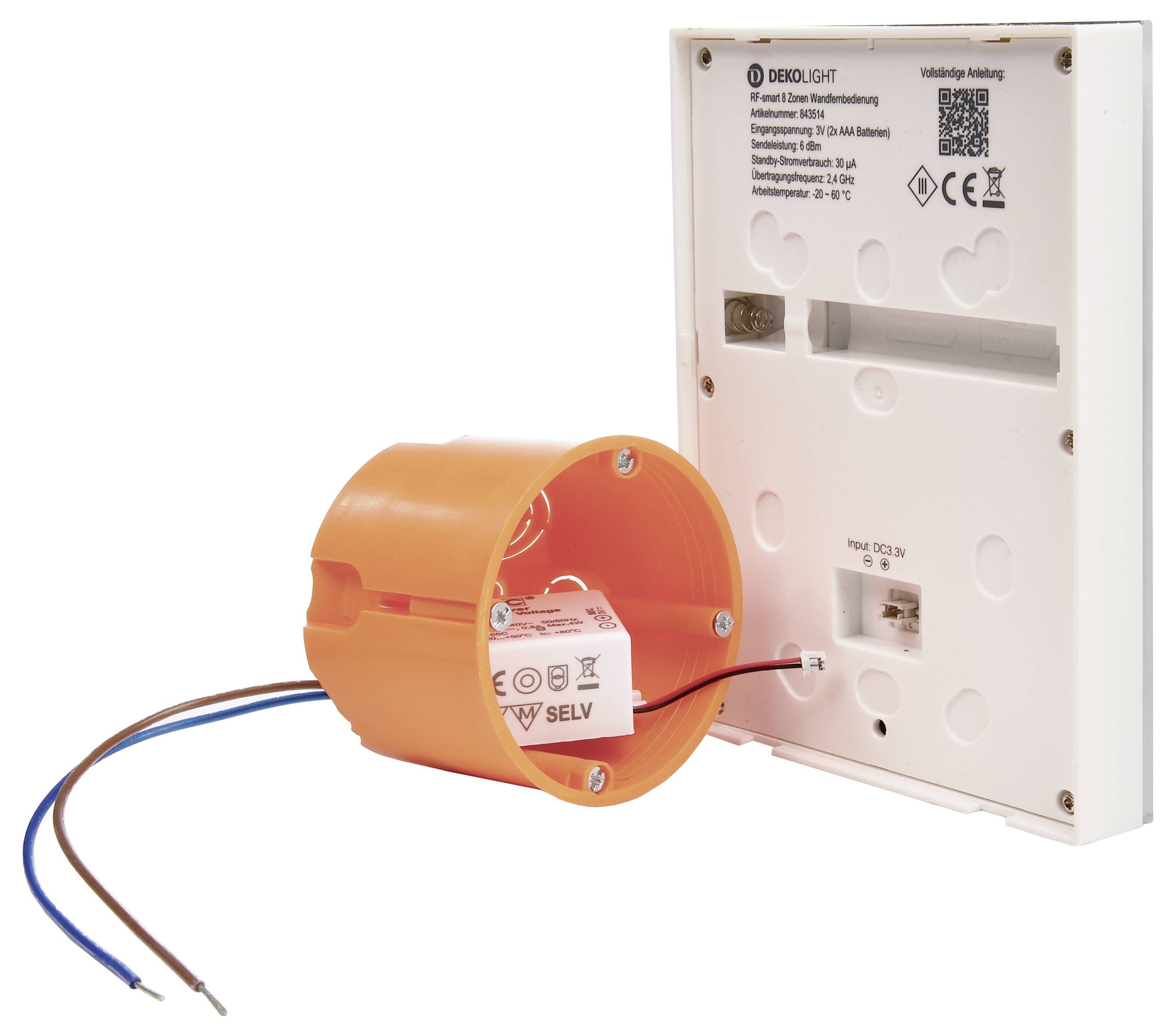 Un telaio da incasso a parete bianco con un alloggiamento arancione che mostra cavi aperti per connessioni elettriche.