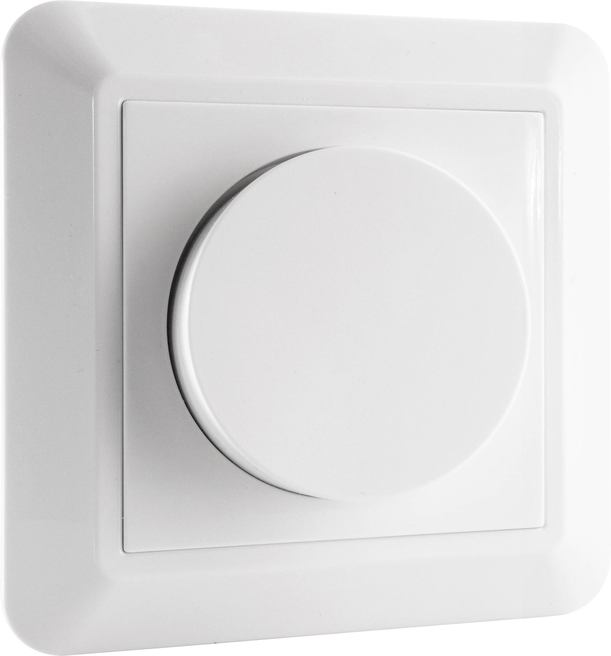 Un dimmer rotativo bianco su base rettangolare, utilizzato per regolare l'intensità luminosa degli impianti di illuminazione in ambienti interni.