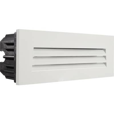 Una griglia di ventilazione bianca con lamelle orizzontali, montata su una base nera. Adatta per l'installazione in pareti o mobili.