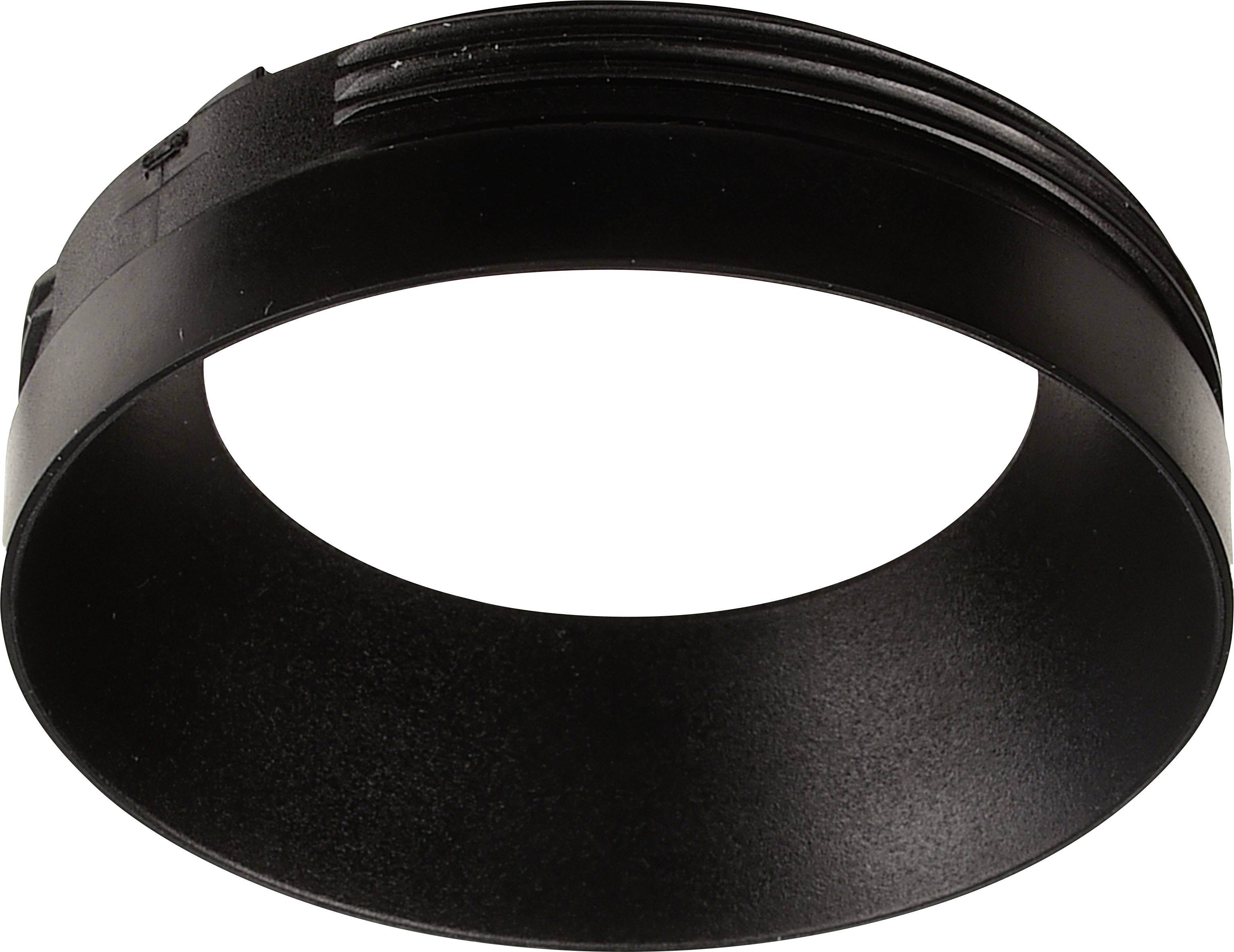Un anello nero, rotondo in plastica con una superficie rigata e un interno liscio.
