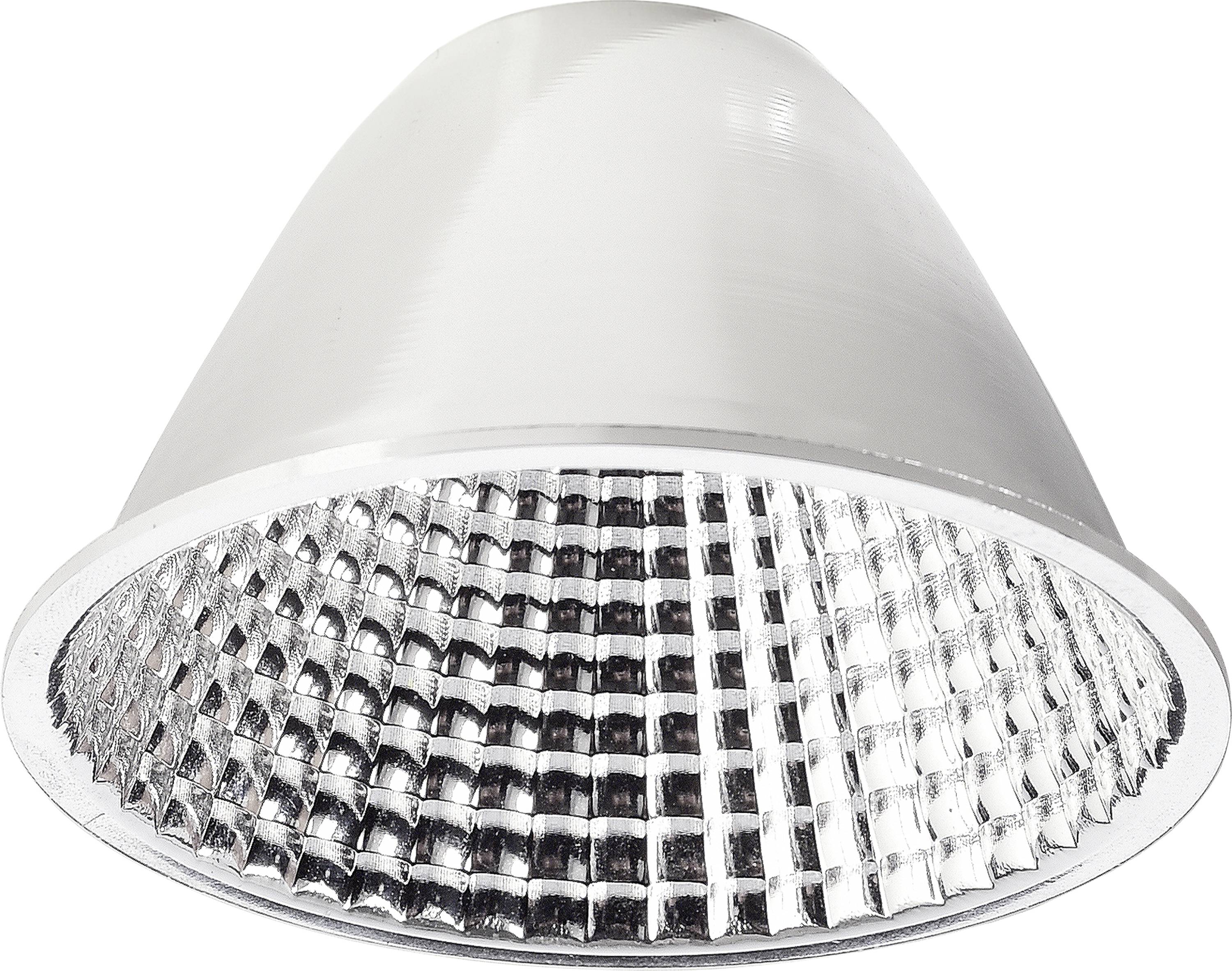 Un proiettore da soffitto in argento con motivo a griglia riflettente.
