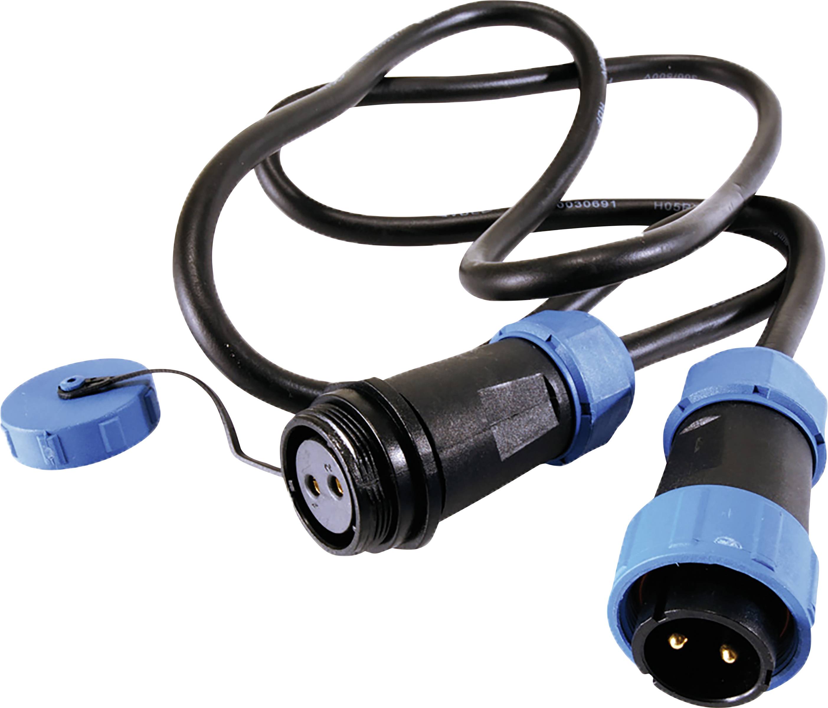 Un cavo industriale nero con connettori blu. A sinistra un socket con coperchio, a destra una spina, entrambi collegati tra loro.