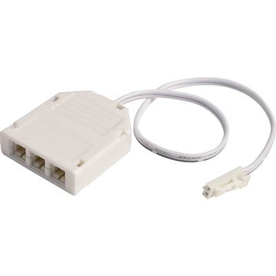 Una spina elettrica bianca, rettangolare, con tre prese e un cavo. Adatta per connessioni elettroniche.