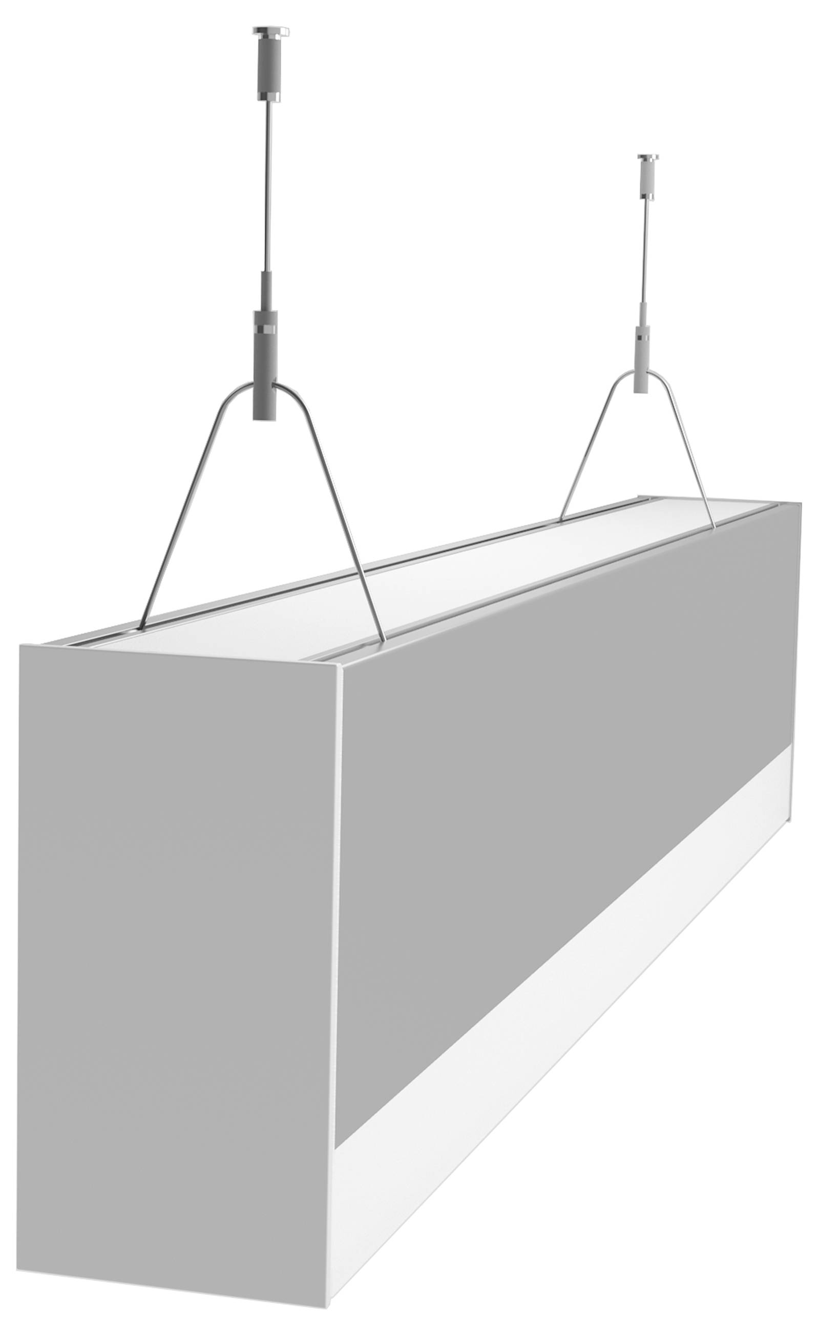 Un involucro rettangolare per lampada a sospensione LED con due punti di aggancio sulla parte superiore, progettato in colori neutri.