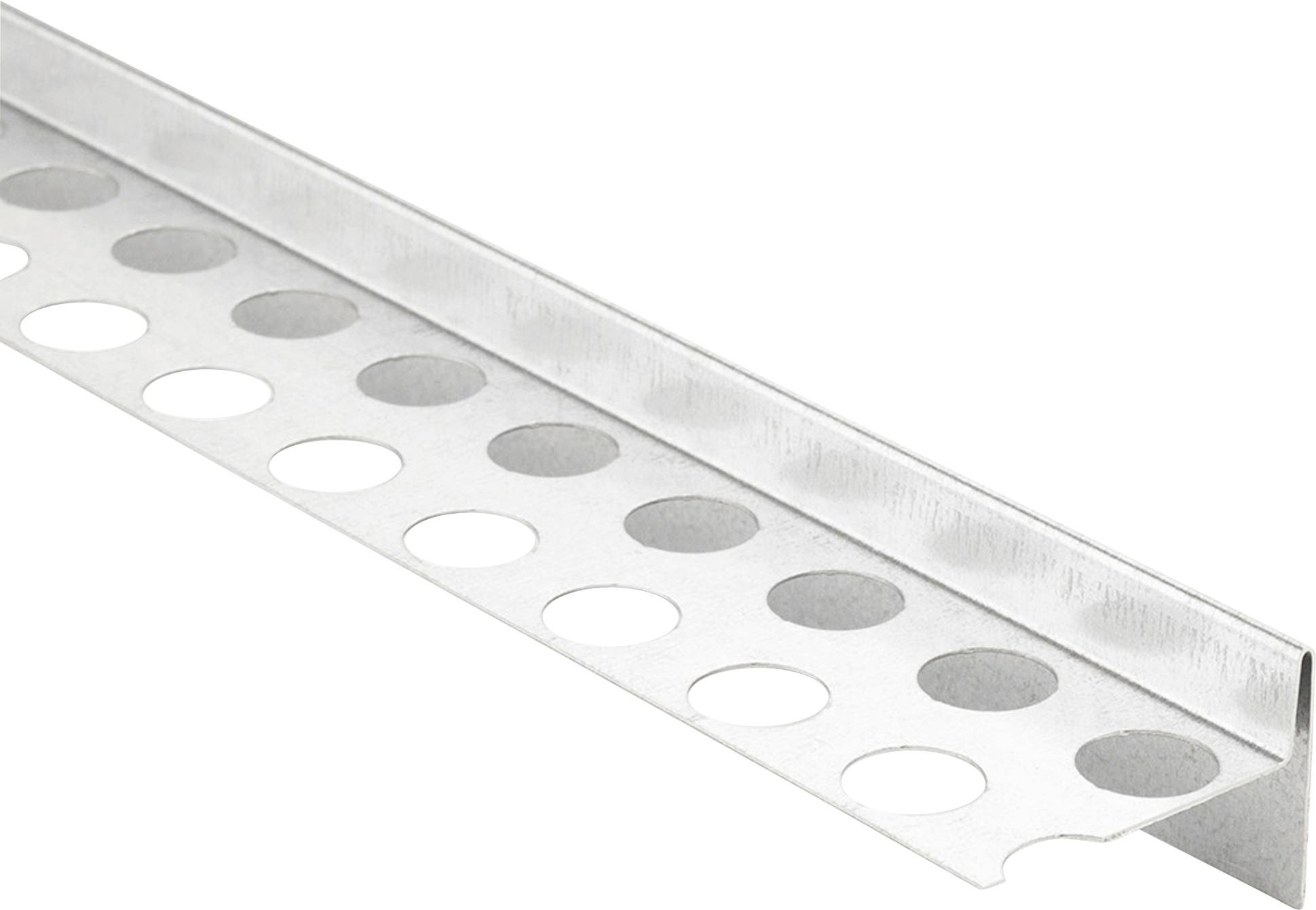 Profilo metallico con fori rotondi, comunemente utilizzato nell'edilizia a secco per la protezione di spigoli e angoli.