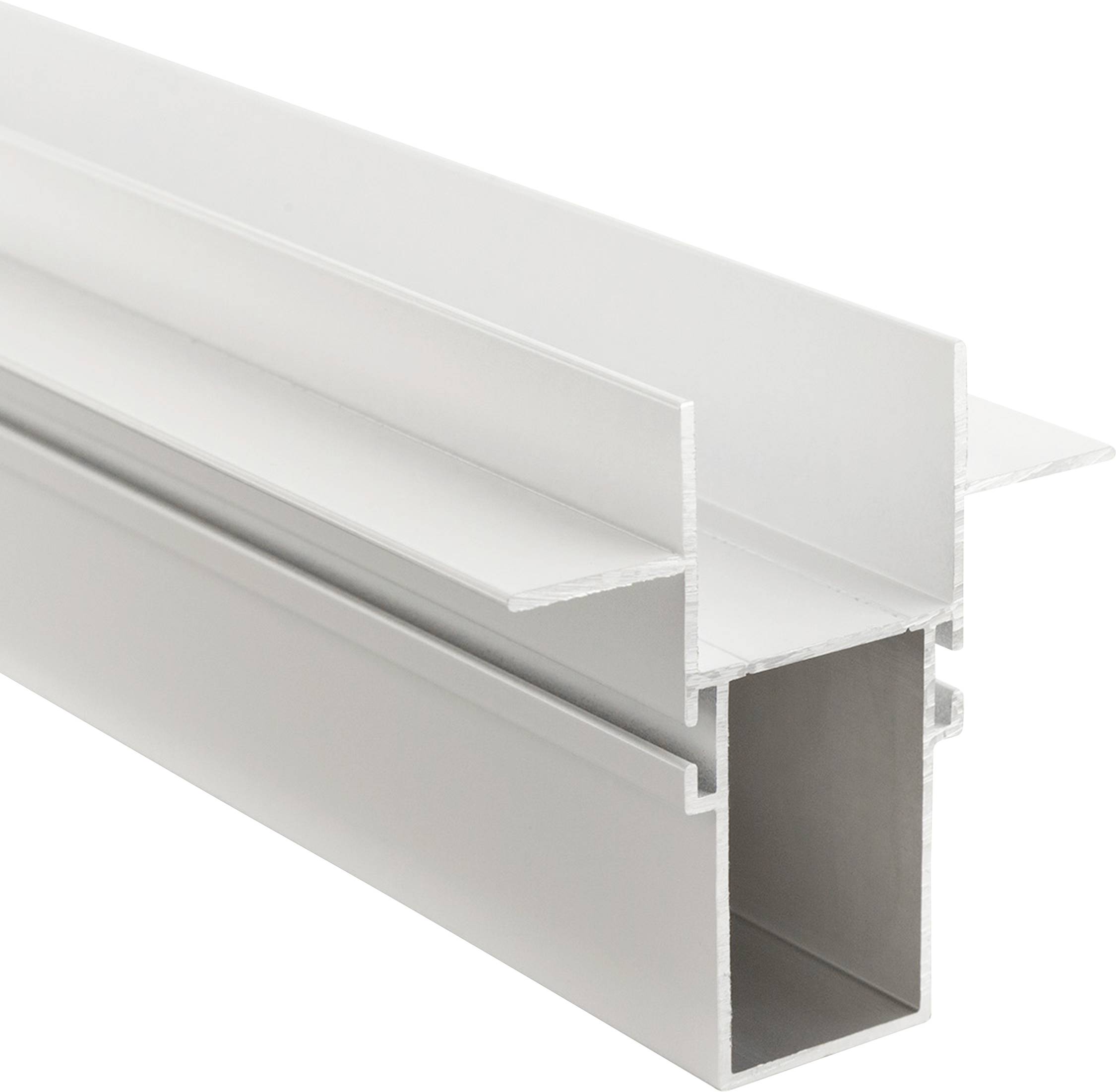Un profilo metallico bianco con sezione trasversale a forma di H, utilizzato nelle costruzioni per collegare o sostenere materiali.