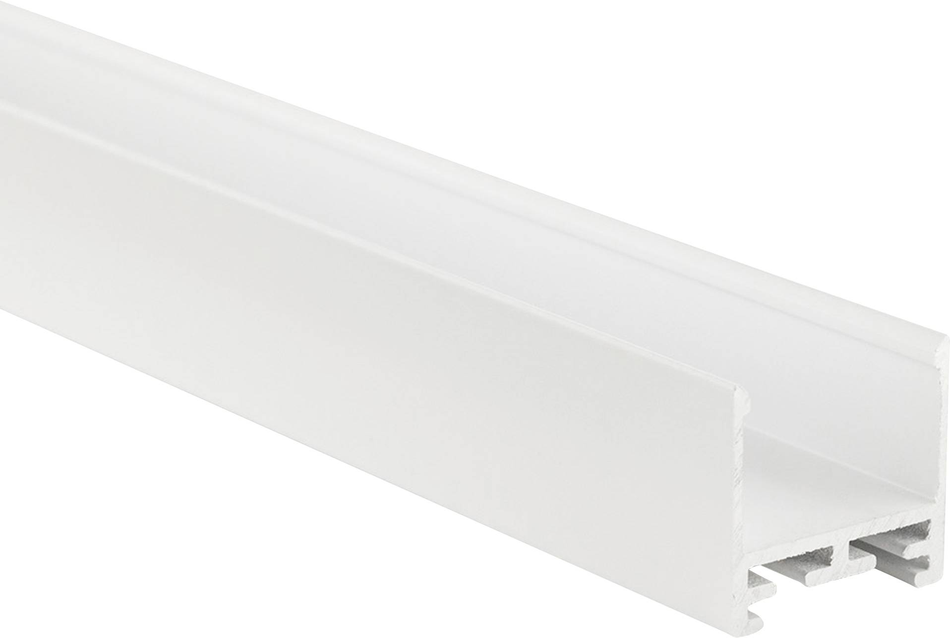 Un profilo in alluminio bianco, tipicamente utilizzato per fissare o supportare materiali, come le strisce LED.