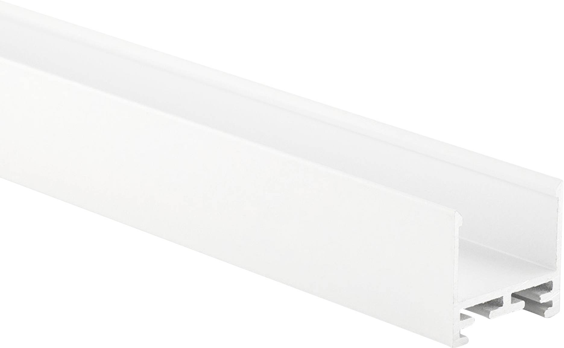 Un profilo in alluminio bianco e rettangolare, fotografato di lato. Viene generalmente utilizzato per installazioni di illuminazione.