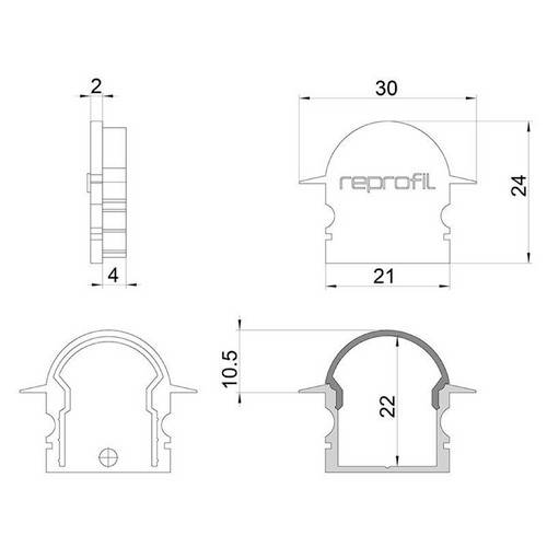 Disegno tecnico di un profilo con dimensioni: larghezza 30 mm, altezza 24 mm; la sezione trasversale mostra una larghezza di 21 mm e un'altezza di 22 mm.